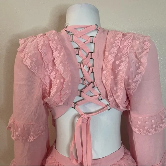 Pink V-neckline lace ruffle crisscross back cutout long sleeve mini dress - Picture 7 of 10